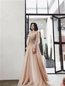 Picture of Cute Tulle with Gold Lace Straps Long Evening Dresses Party Dresses, A-line Tulle Formal Dress